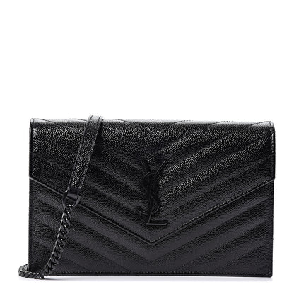 Saint Laurent Grain De Poudre Matelasse Chevron Monogram Envelope Chain Wallet Black 1 of 10