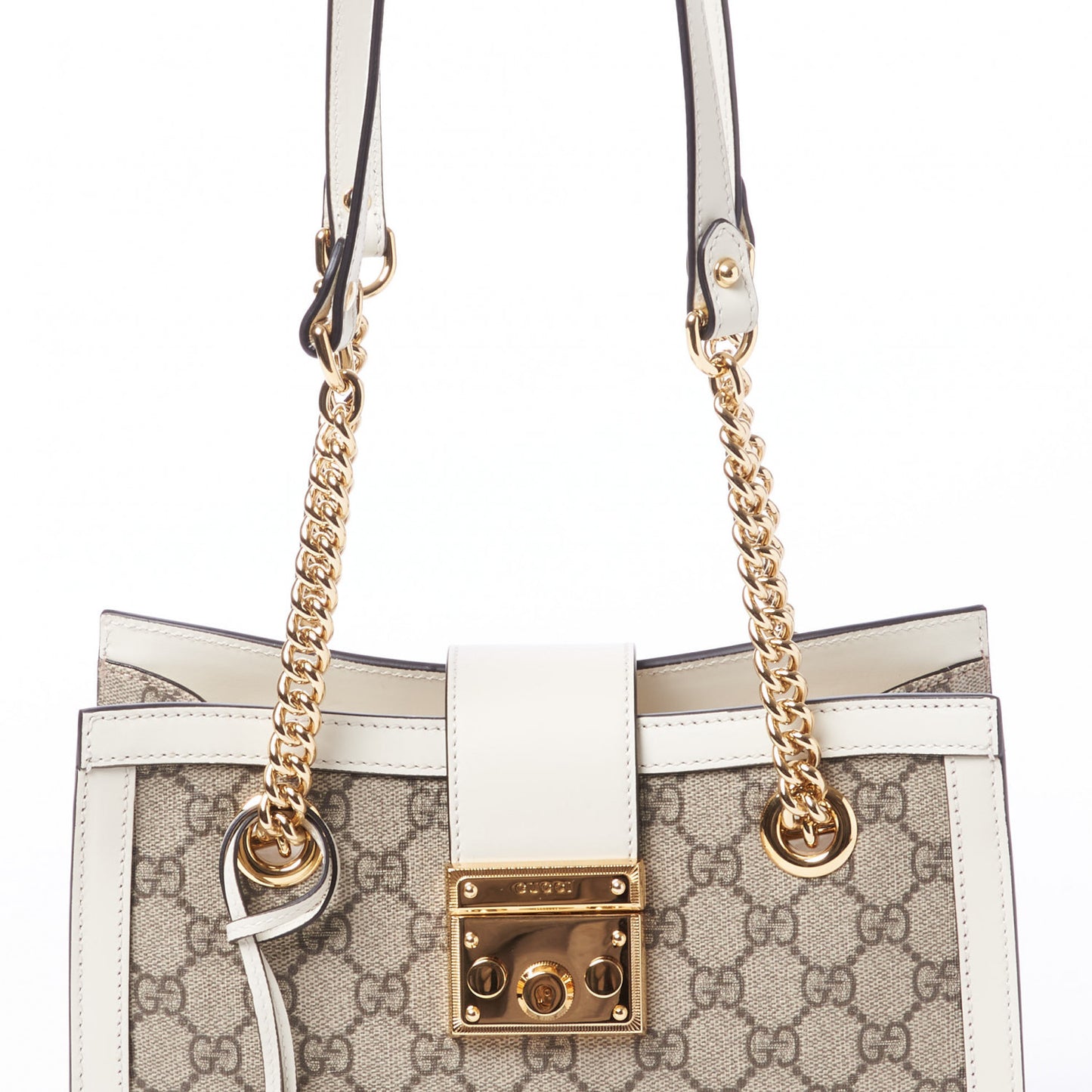 GG Supreme Monogram Moon Calfskin Small Padlock Tote Beige Ebony Mystic White