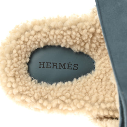 Hermes Suede Goatskin Woolskin Womens Chypre Sandals 38.5 Bleu Pinede Ecru 7 of 8