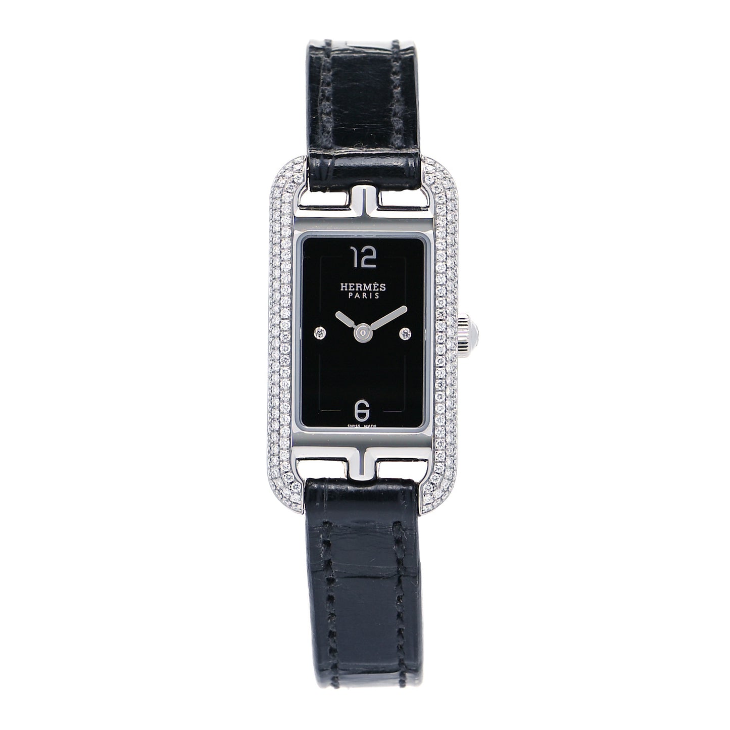 Stainless Steel Alligator Diamond 17mm Nantucket Serti Joaillier Quartz Watch Noir