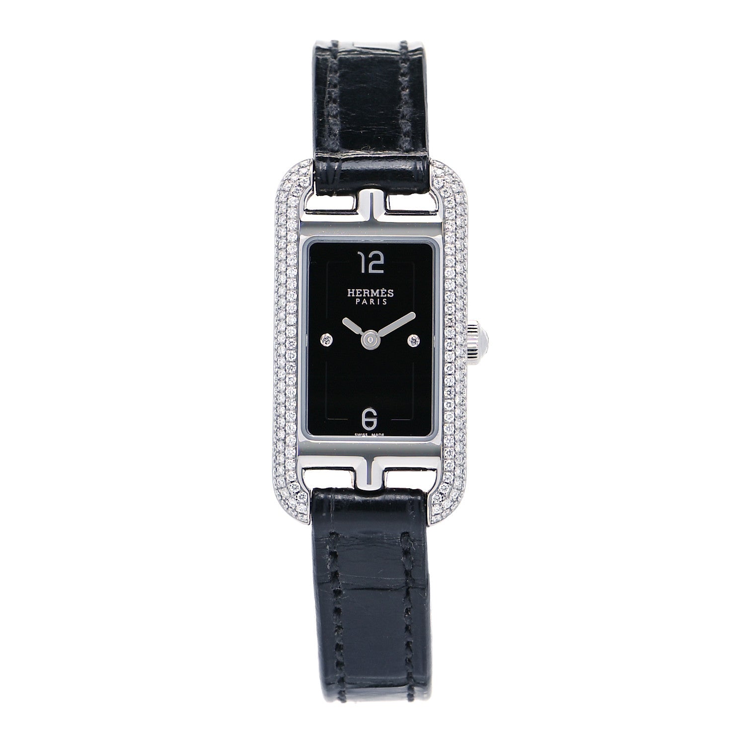 Hermes Stainless Steel Alligator Diamond 17mm Nantucket Serti Joaillier Quartz Watch Noir 1 of 5