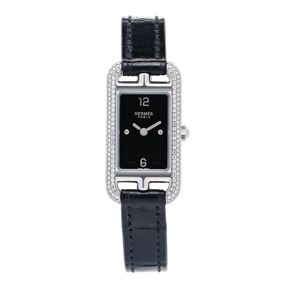 Hermes Stainless Steel Alligator Diamond 17mm Nantucket Serti Joaillier Quartz Watch Noir 1 of 5