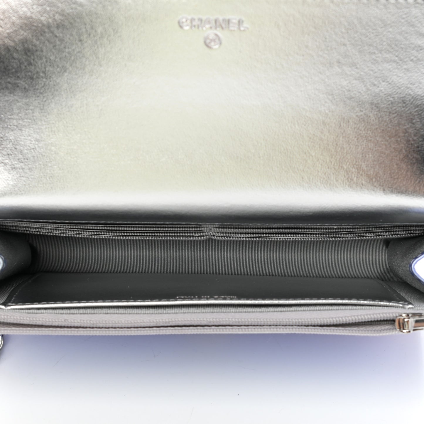 Gradient Metallic Calfskin Quilted Wallet On Chain WOC Silver Blue Yellow Purple
