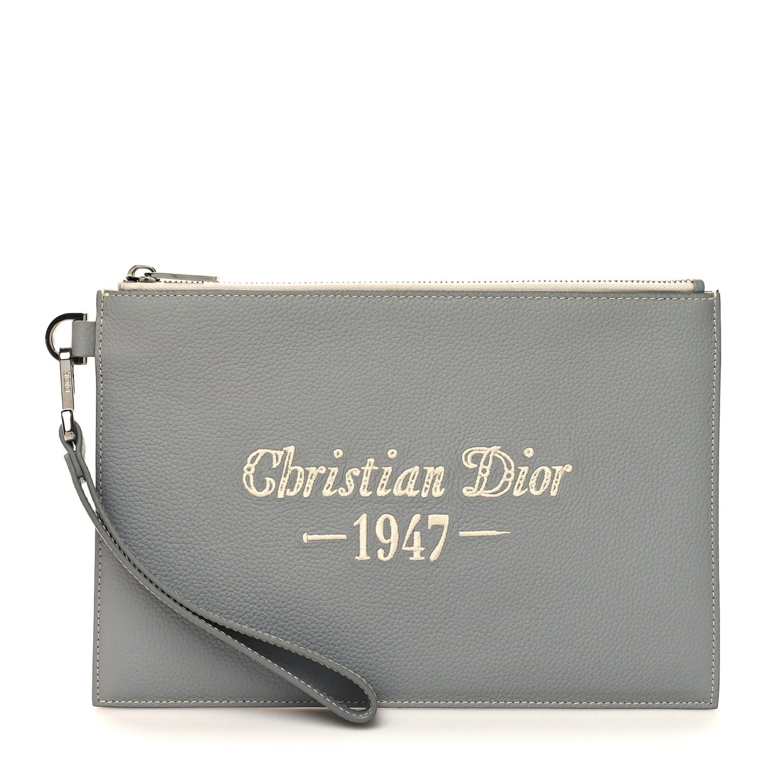 Christian Dior Grained Calfskin 1947 Signature A5 Pouch Grey White 1 of 11