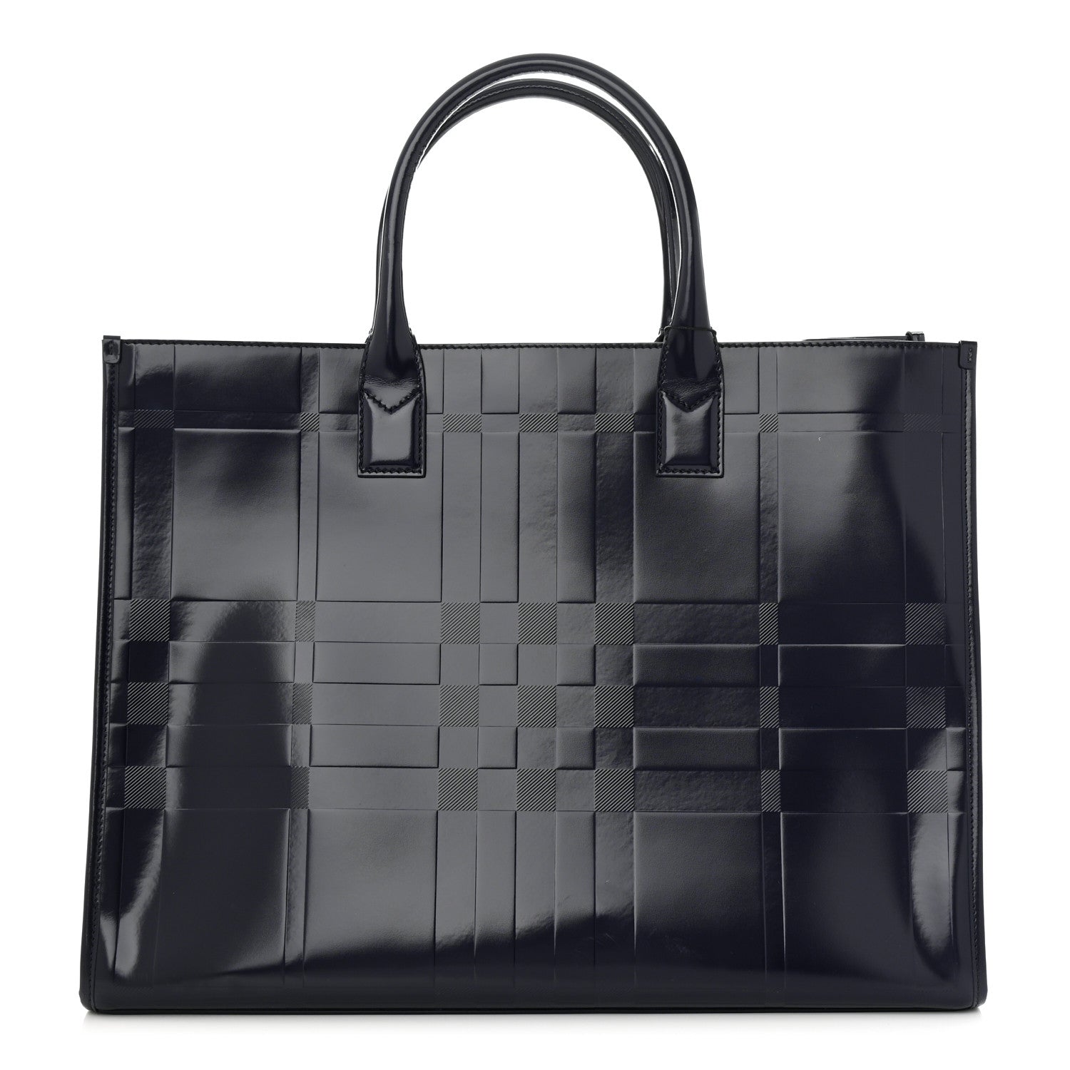 Burberry Patent Calfskin Denny Check Embossed Tote Charcoal Blue 1 of 12