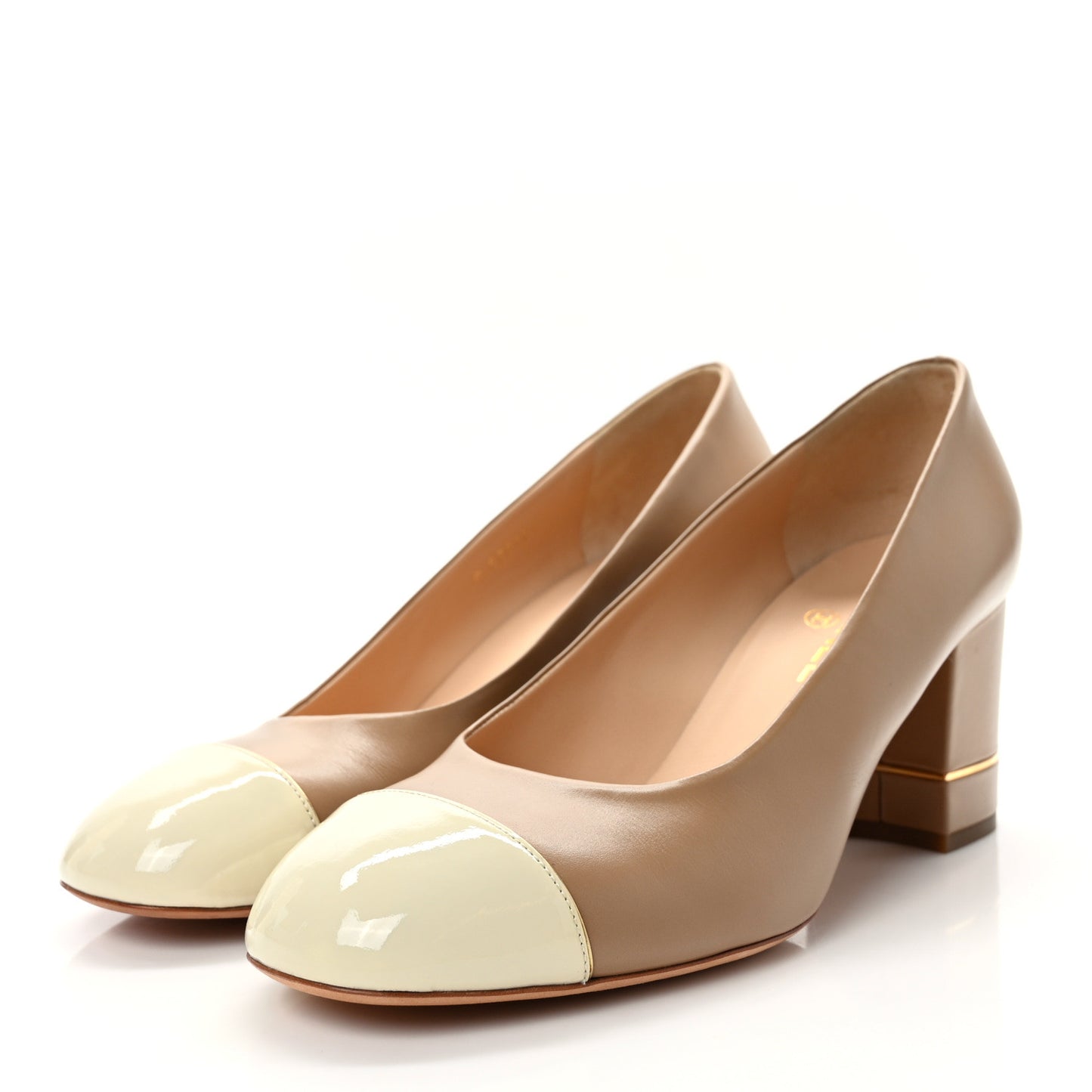 Lambskin Patent Cap Toe Pumps 41 Beige White