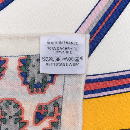 Hermes Cashmere Silk Les Roues De Phaeton Shawl 140 White Rose Jaune 6 of 6