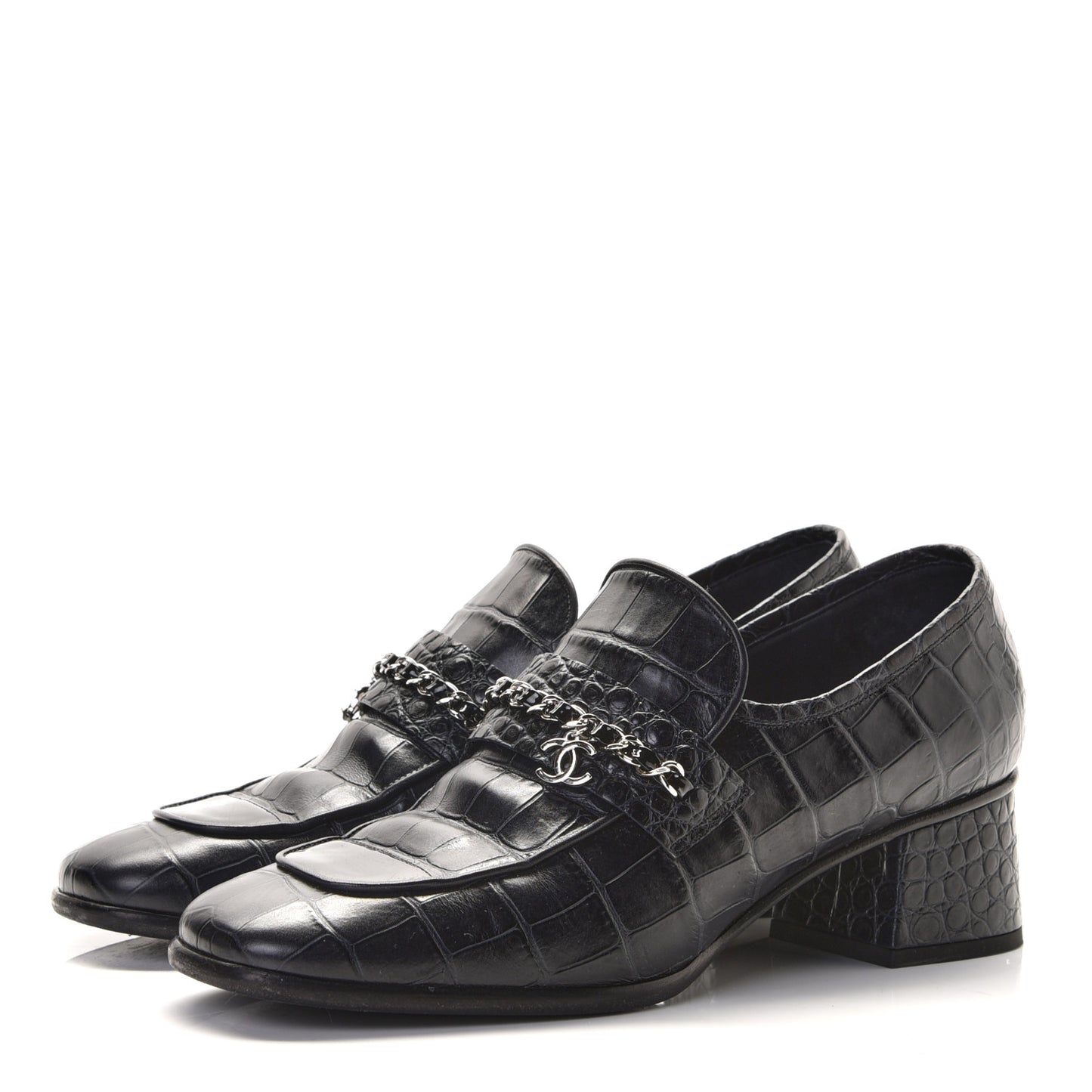 Calfskin Crocodile Embossed CC Chain Mocassin Loafers 40 Navy
