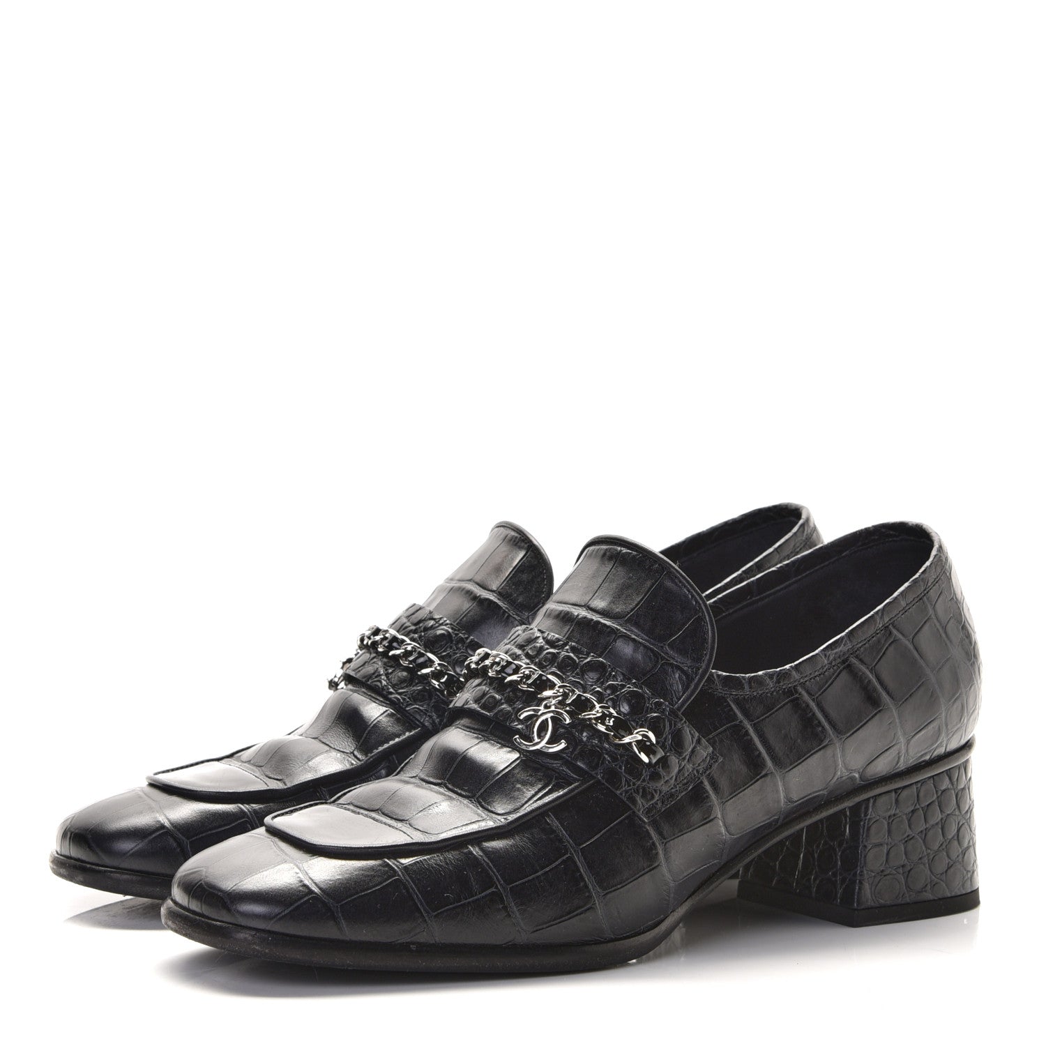 Chanel Calfskin Crocodile Embossed CC Chain Mocassin Loafers 40 Navy 3 of 11
