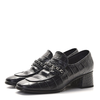 Chanel Calfskin Crocodile Embossed CC Chain Mocassin Loafers 40 Navy 3 of 11