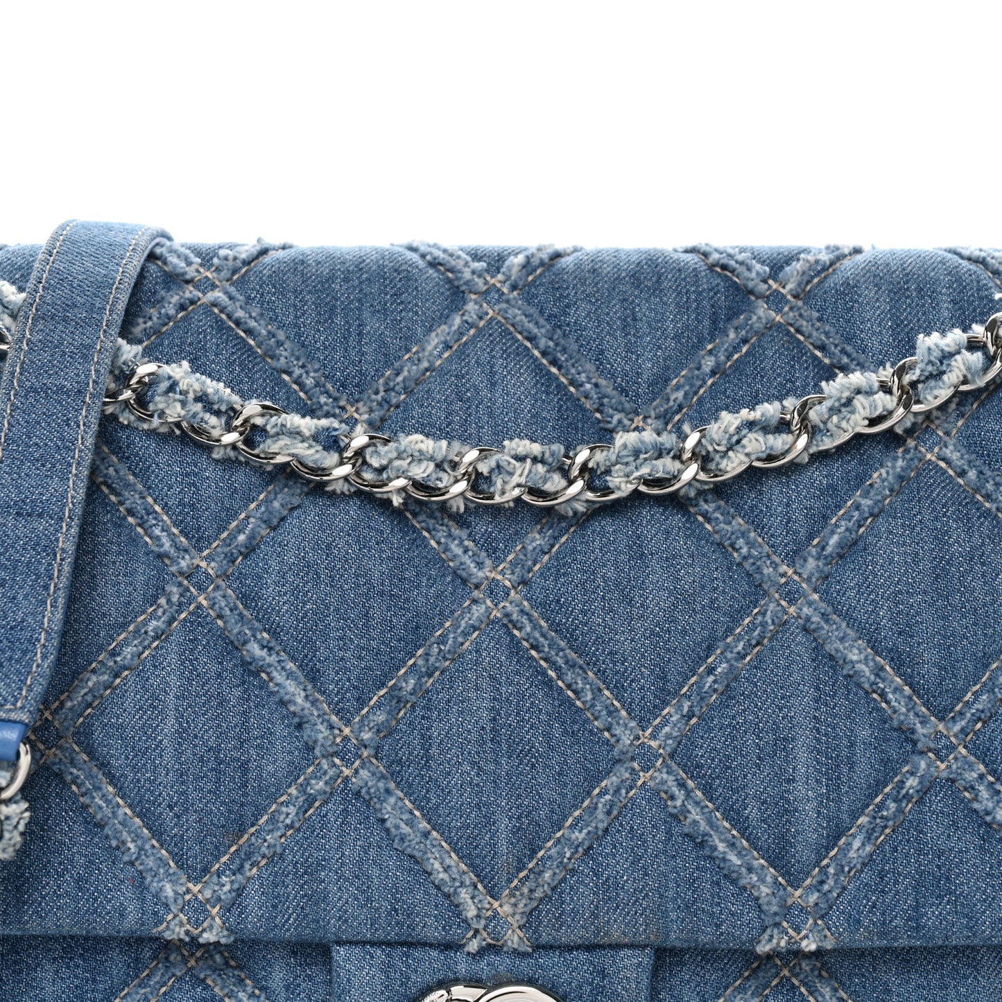 Frayed Denim Quilted Large Blue Chip Flap Blue