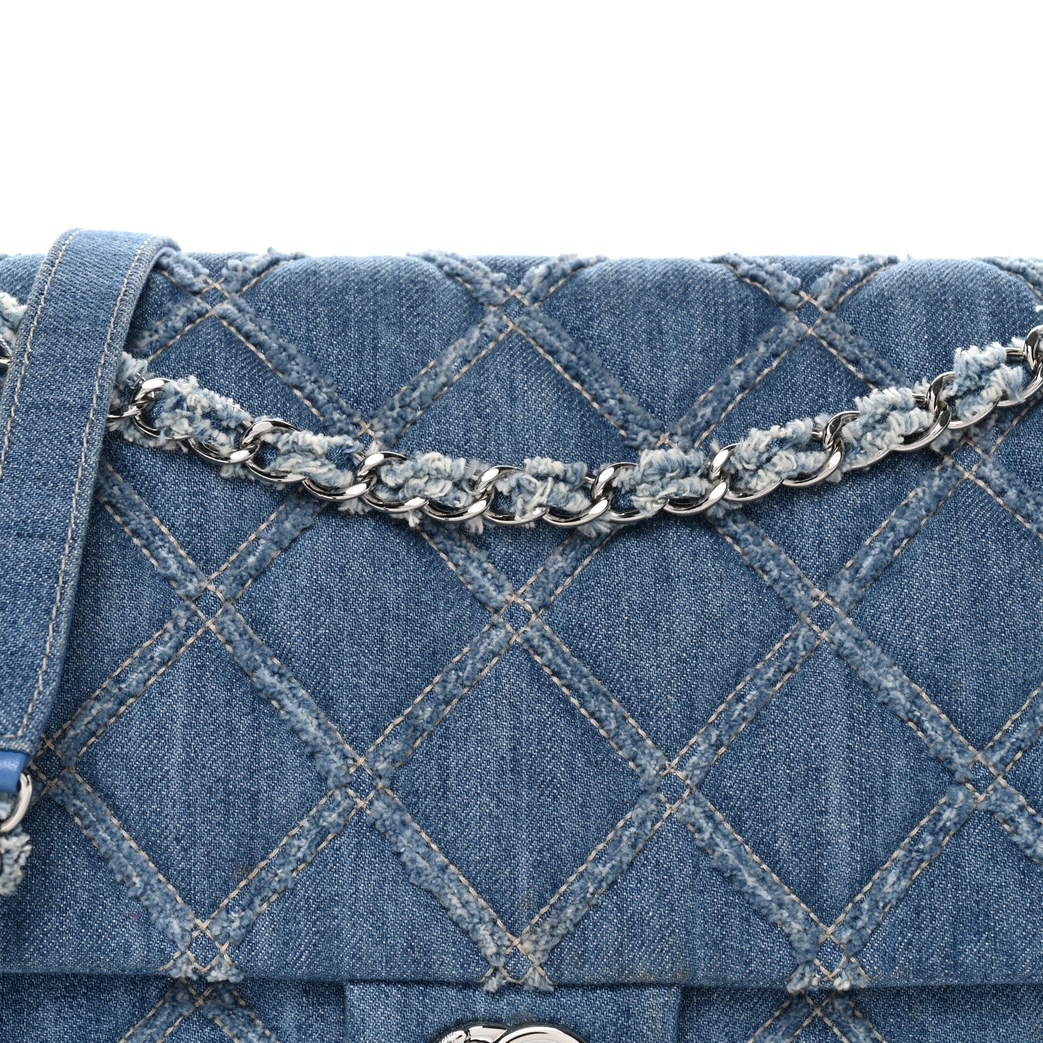 Chanel Frayed Denim Quilted Large Blue Chip Flap Blue 8 of 10