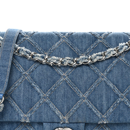 Chanel Frayed Denim Quilted Large Blue Chip Flap Blue 8 of 10