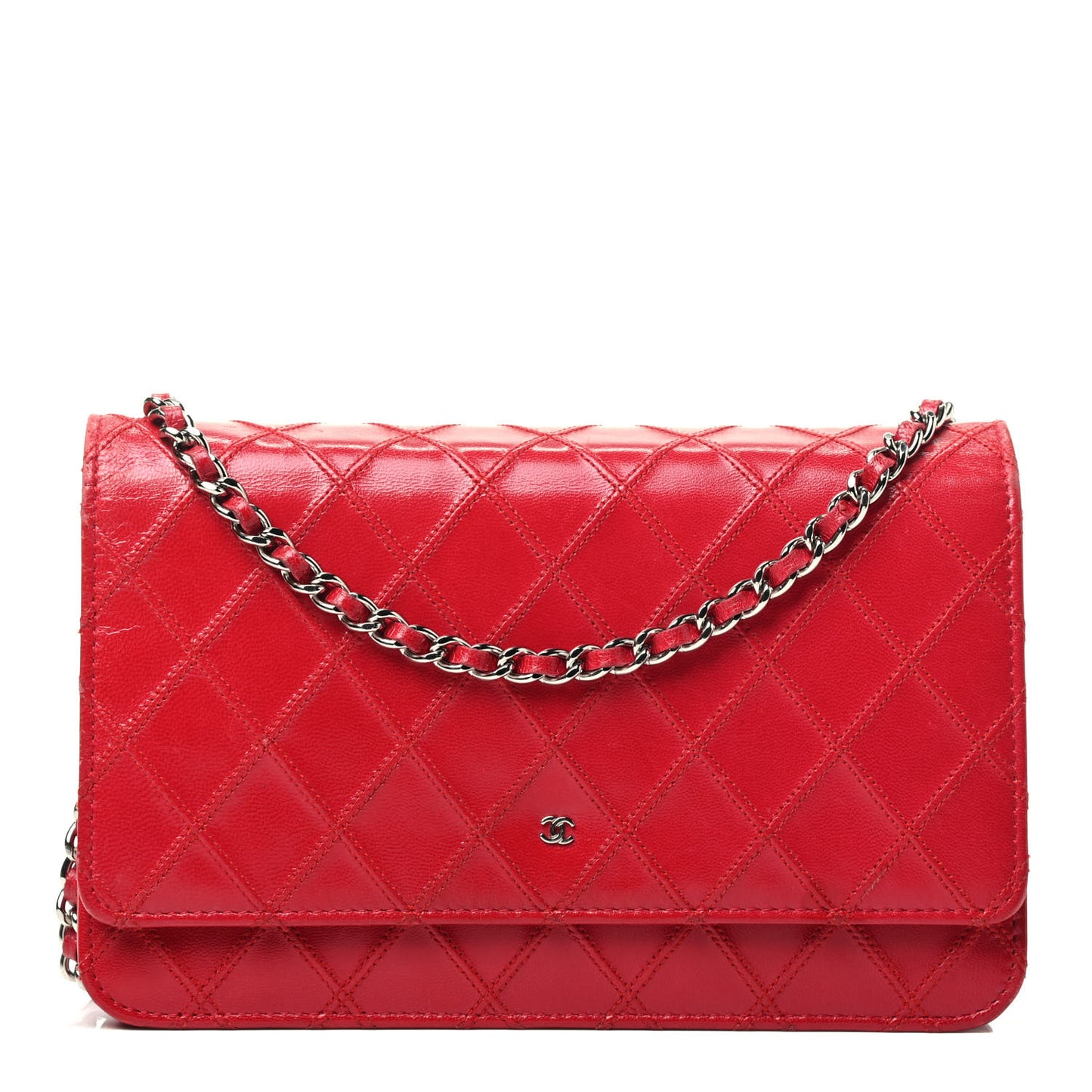 Lambskin Diamond Stitched Wallet On Chain WOC Red