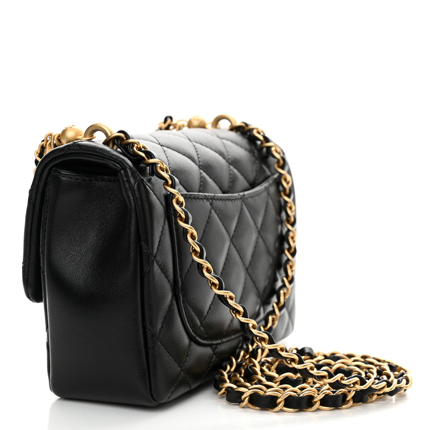 Shiny Lambskin Quilted Pearl Twist Mini Square Flap Black