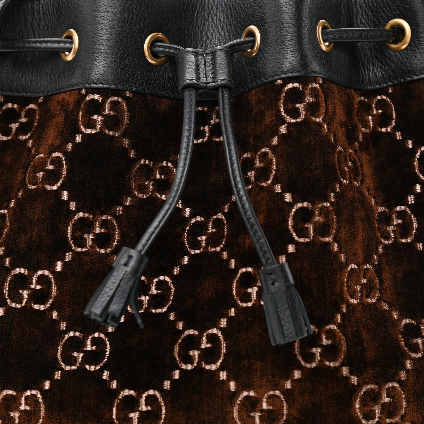 Velvet GG Monogram Textured Calfskin Web Bucket Bag Brown Black