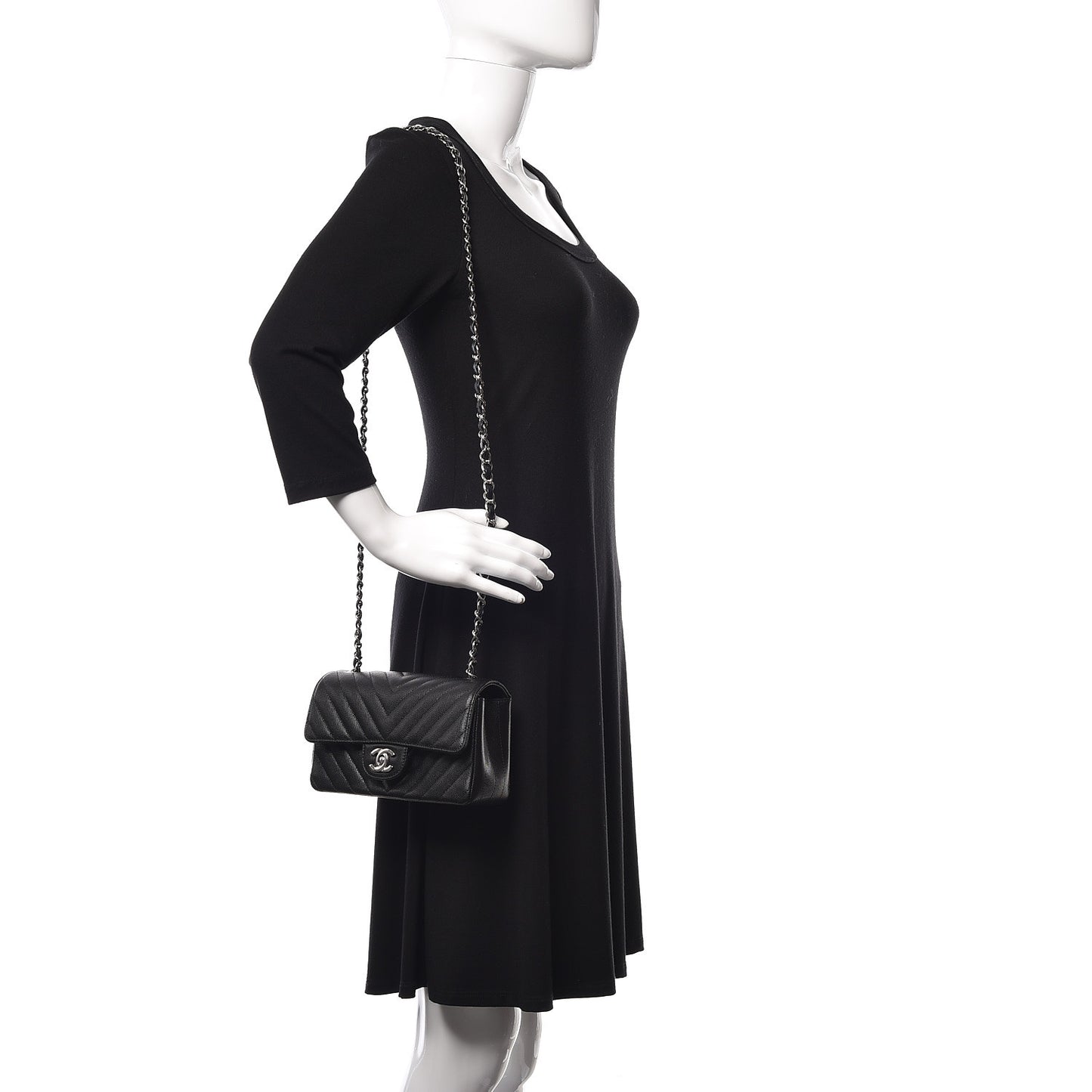 Caviar Chevron Quilted Mini Rectangular Flap Black