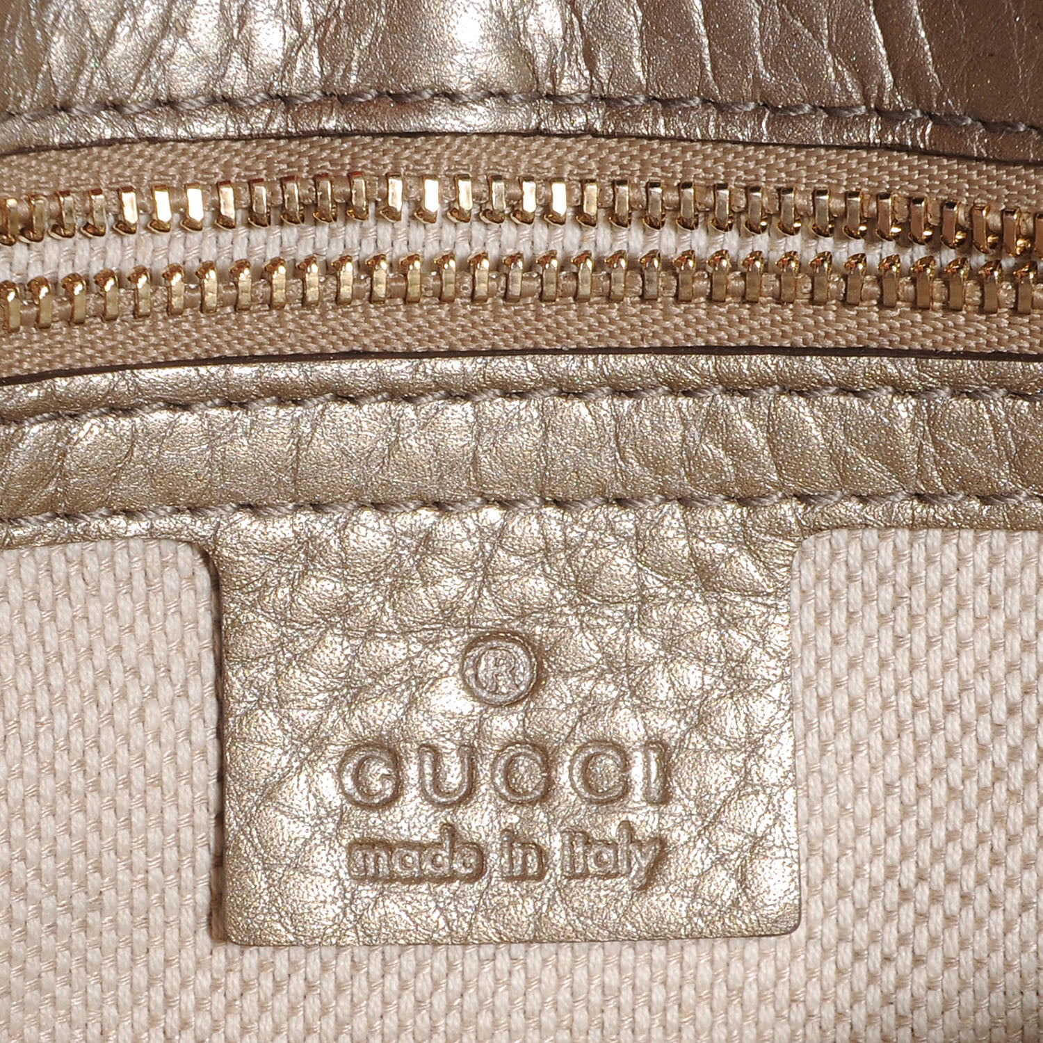 Gucci Metallic Pebbled Calfskin Medium Soho Flap Crossbody Golden Beige 6 of 8