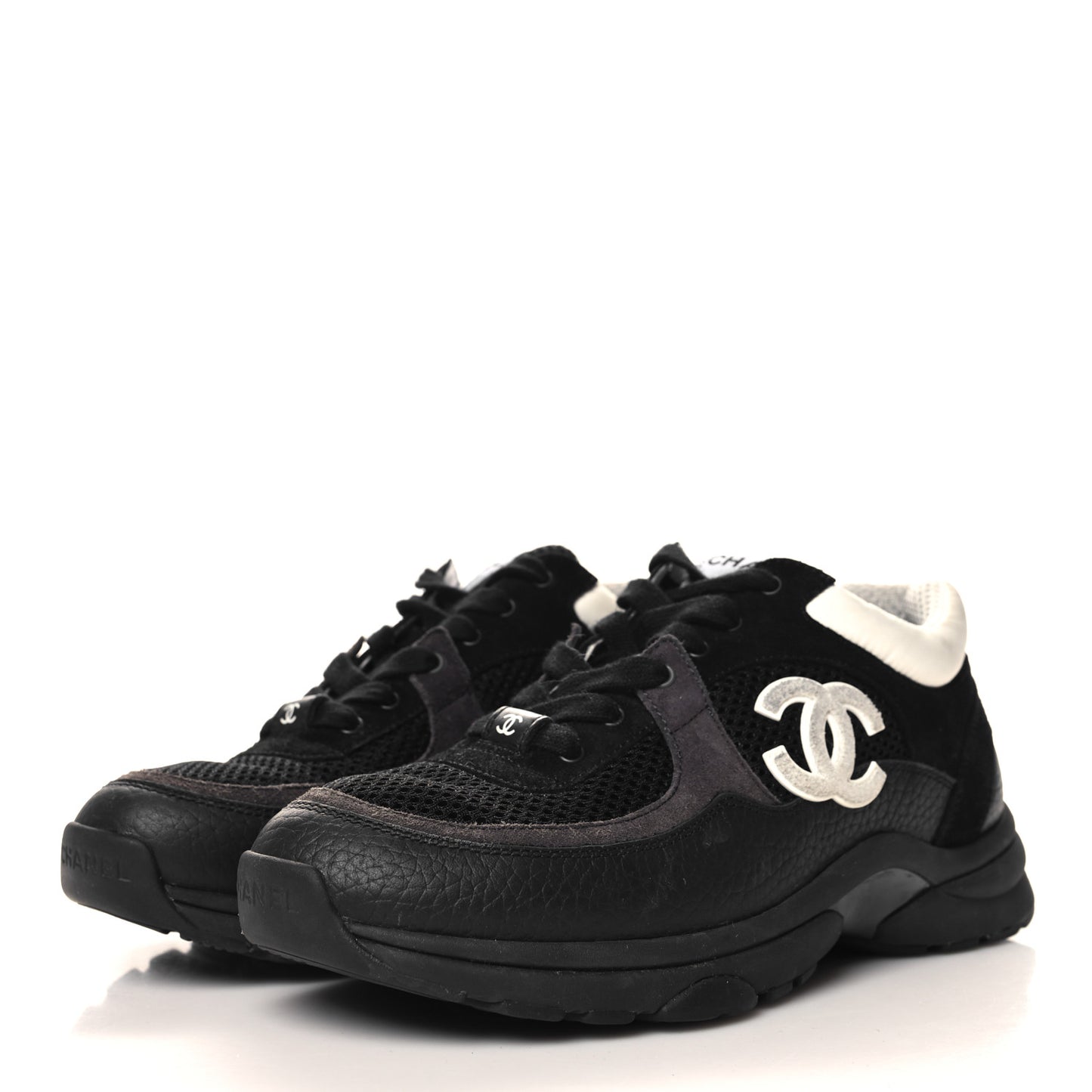 Mesh Suede Grained Calfskin Womens CC Sneakers 36.5 Black White