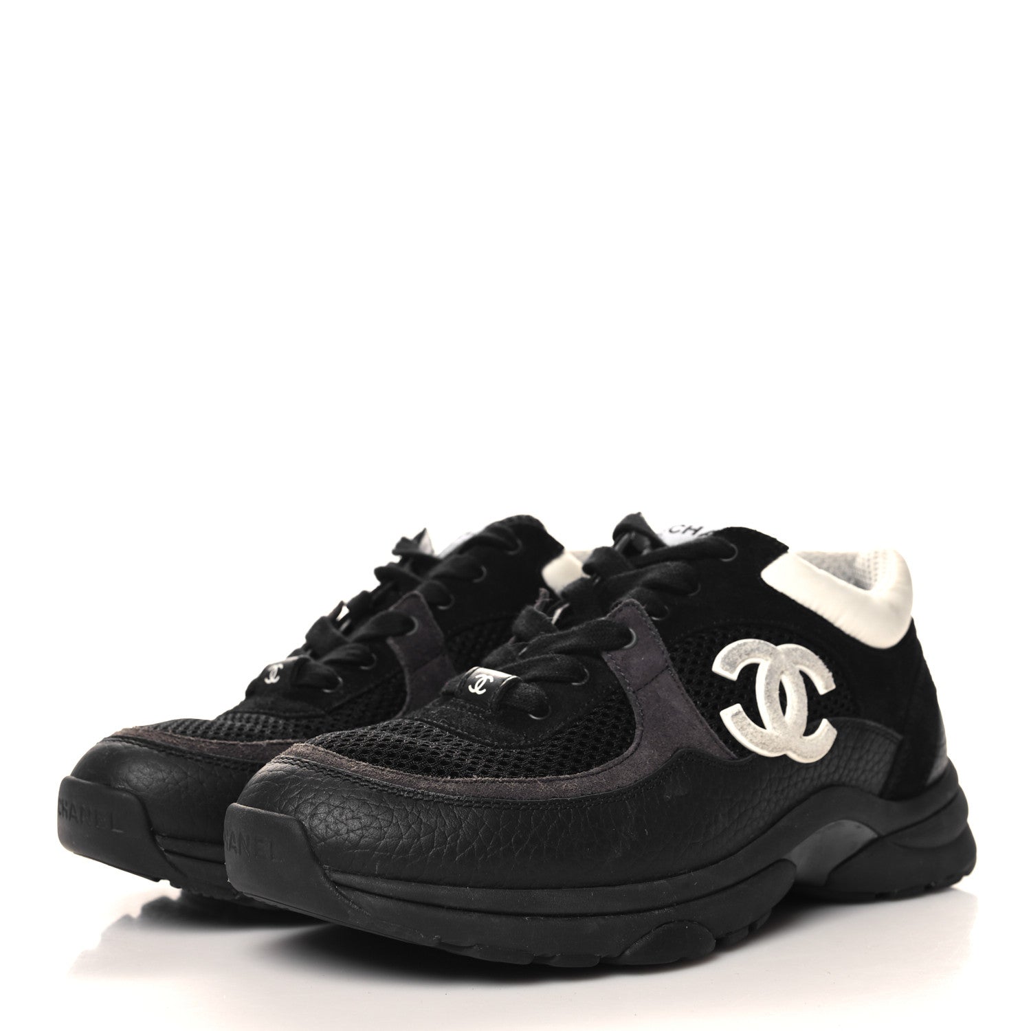 Chanel Mesh Suede Grained Calfskin Womens CC Sneakers 36.5 Black White 4 of 9