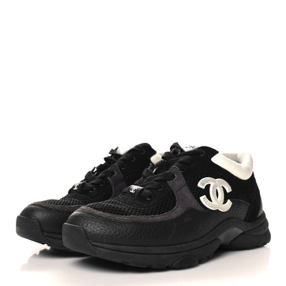 Chanel Mesh Suede Grained Calfskin Womens CC Sneakers 36.5 Black White 4 of 9