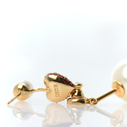 Christian Dior Pearl Crystal Heart Tribal Earring Gold Red 5 of 6
