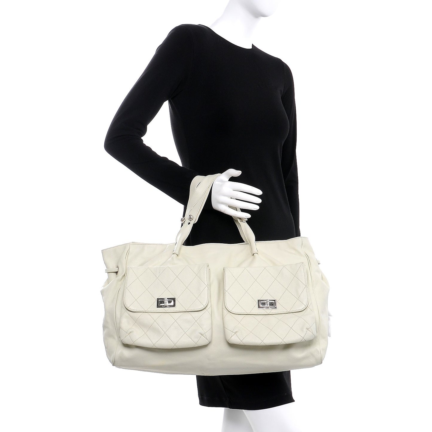 Caviar Stitched Pocket In The City Tote Ivory
