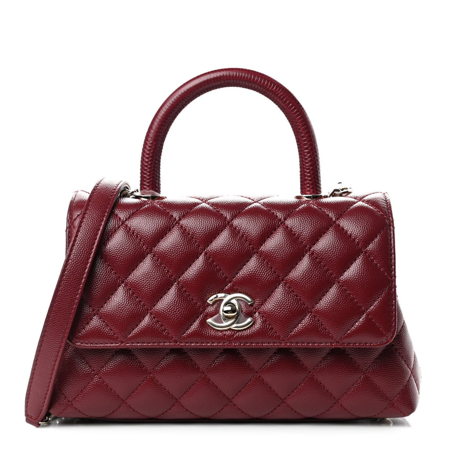 Caviar Lizard Embossed Quilted Mini Coco Handle Flap Burgundy