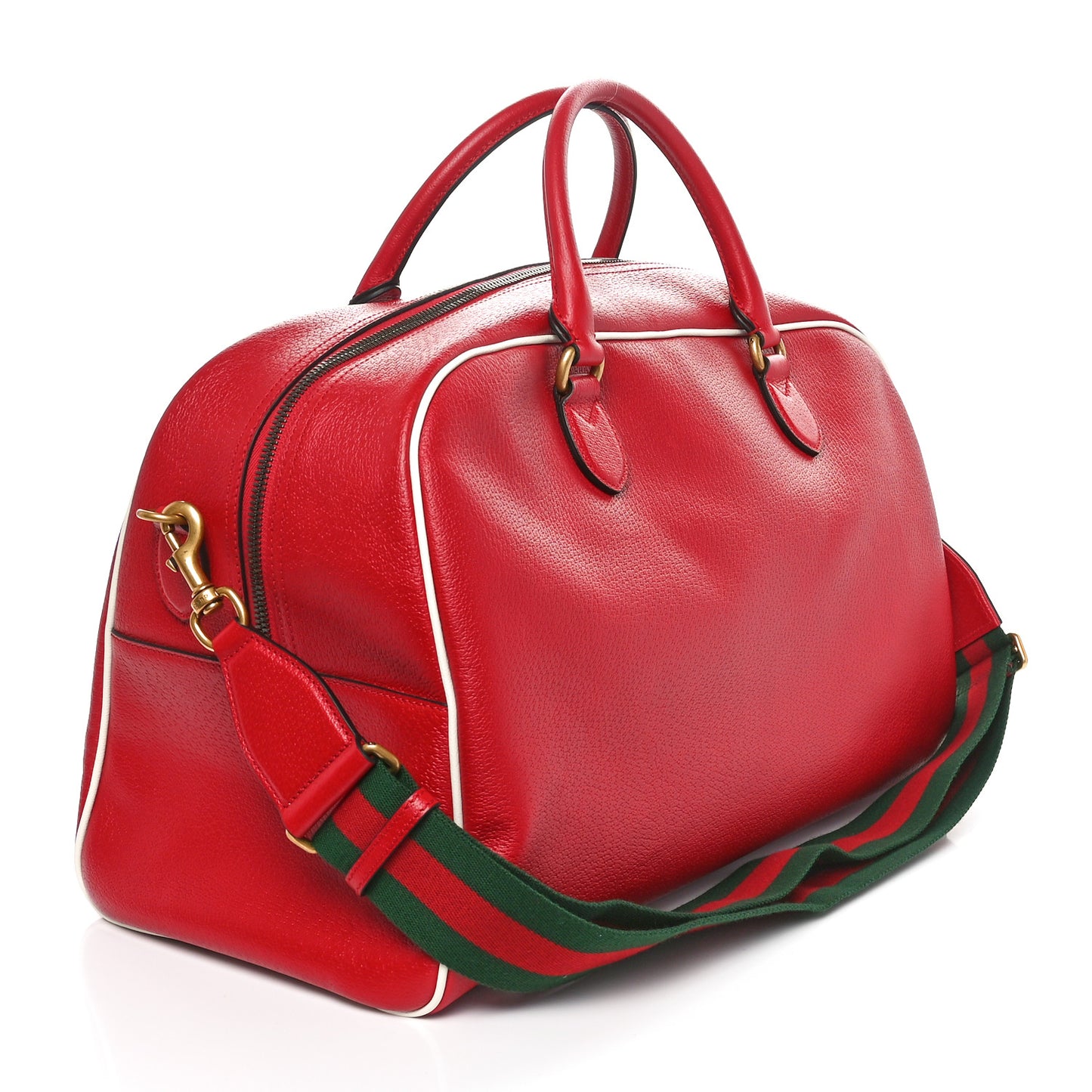 X ADIDAS Textured Dollar Calfskin Web Trefoil Large Bowling Bag Hibiscus Red  Off White