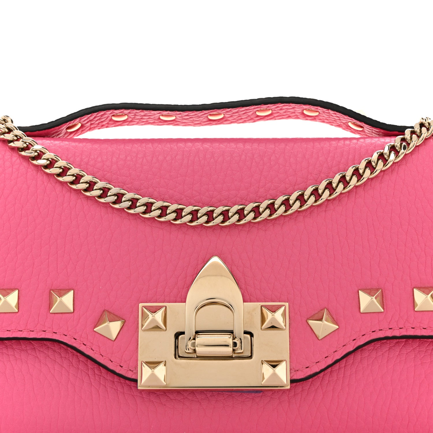 Valentino Garavani Pebbled Calfskin Rockstud Flip Lock Wallet On Chain Feminine Pink 13 of 19