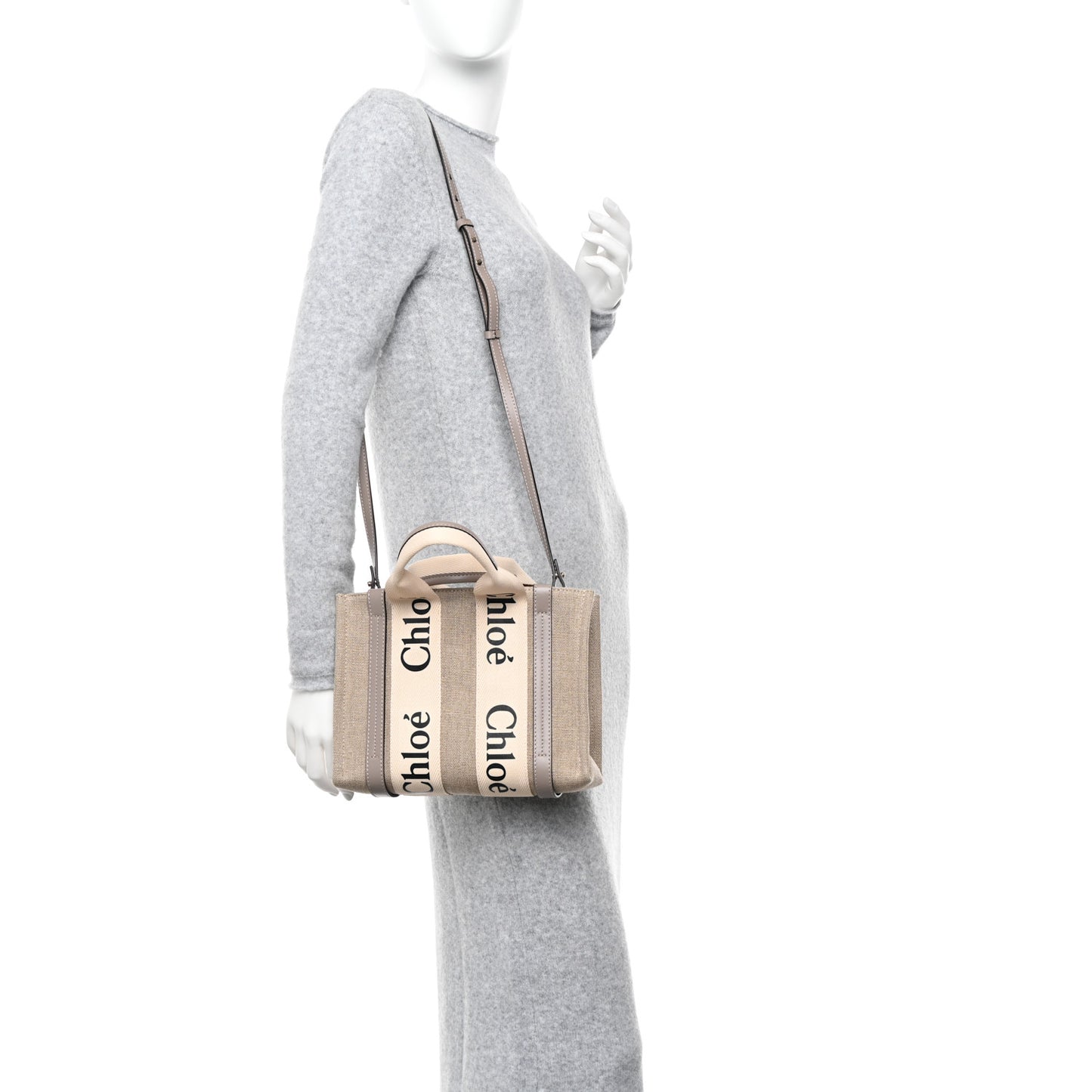 Linen Calfskin Small Woody Ribbon Tote With Strap White Grey