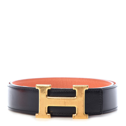 Hermes Box Togo 32mm Strie H Belt 85 Black Orange 1 of 6