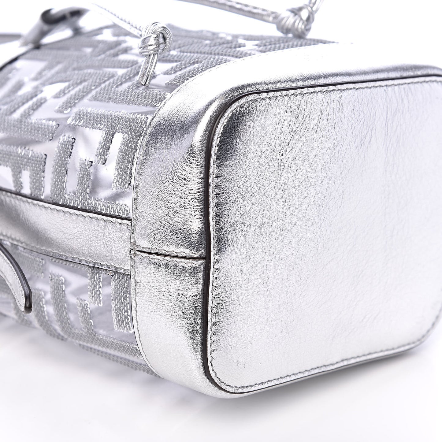 PVC Vitello Catalan Mirror Sequin F is Fendi FF Mini Mon Tresor Bucket Bag Argento