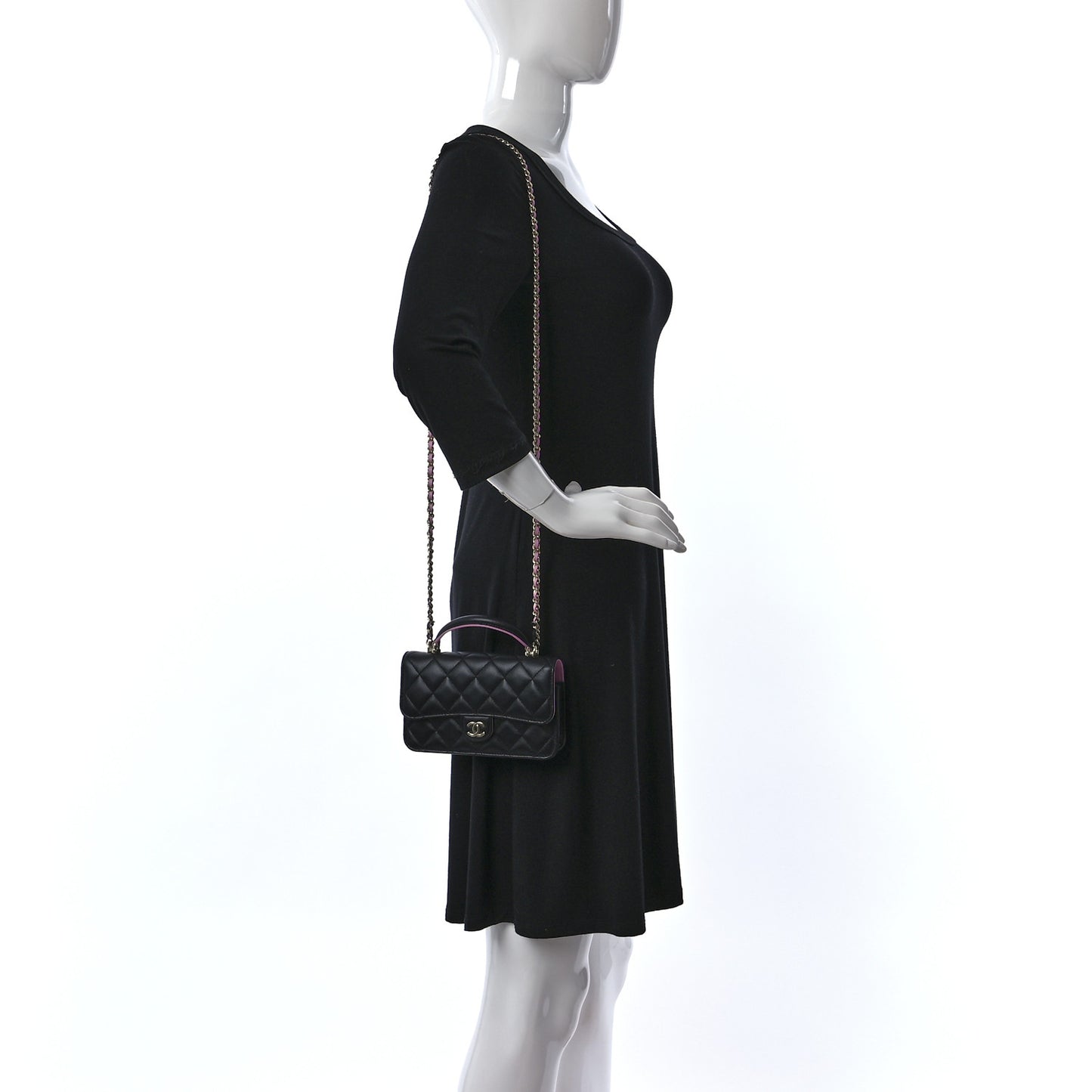 Lambskin Quilted Flap Phone Holder With Chain Black Lilac