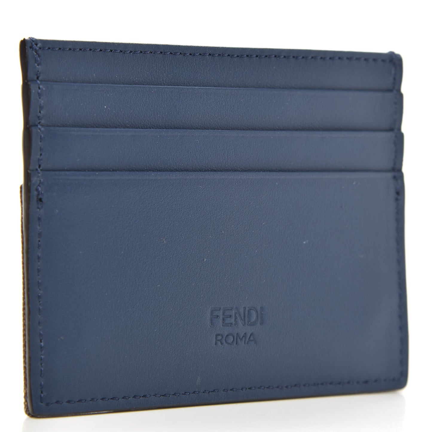 Vitello Century Glazed Fabric FF 1974 Card Holder Blu Scuro Mogano Panna