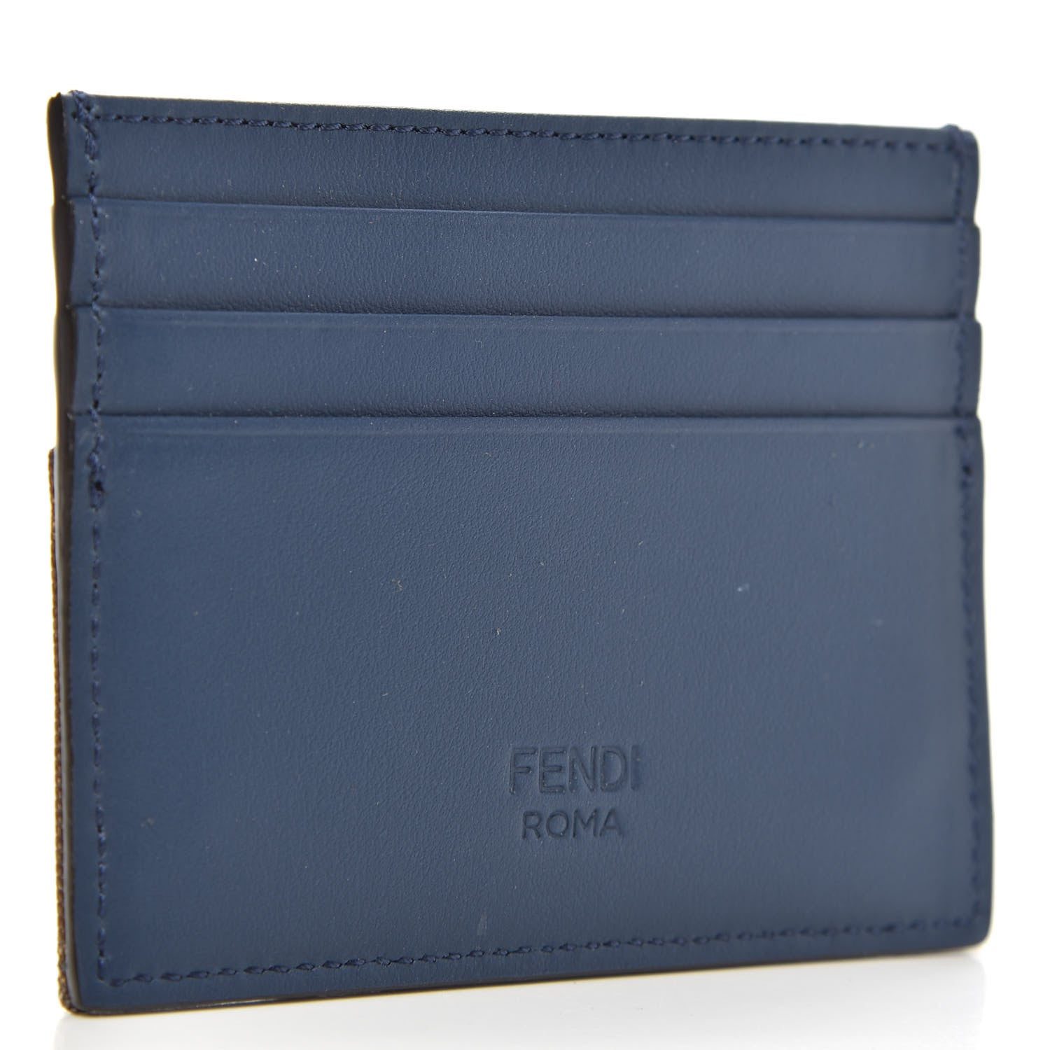 Fendi Vitello Century Glazed Fabric FF 1974 Card Holder Blu Scuro Mogano Panna 3 of 7
