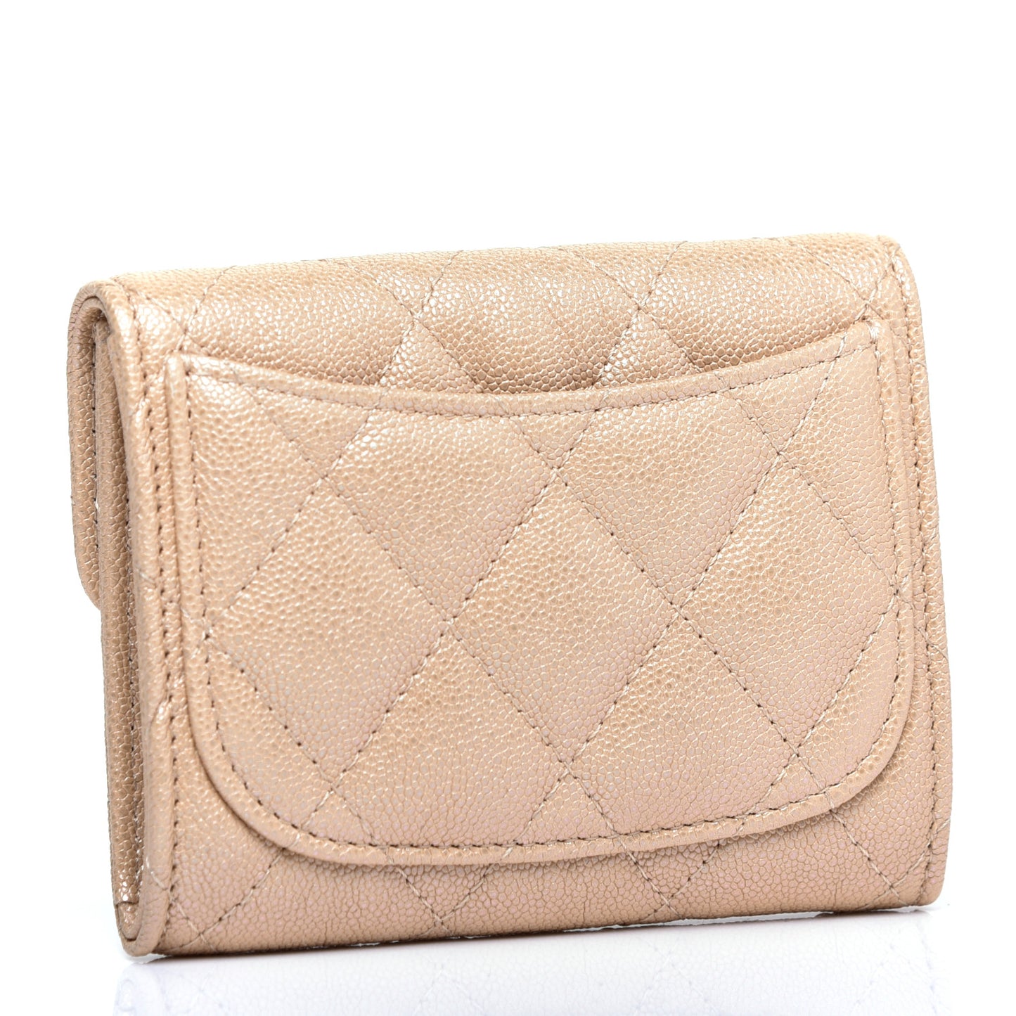 Iridescent Caviar Quilted Flap Card Holder Beige