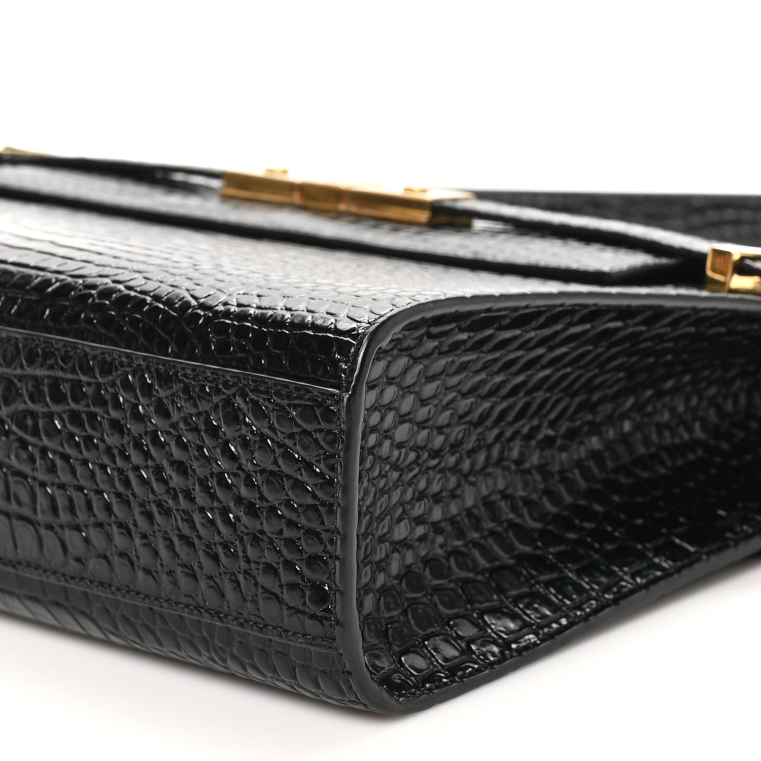 Saint Laurent Shiny Calfskin Crocodile Embossed Manhattan Baguette Black 10 of 10