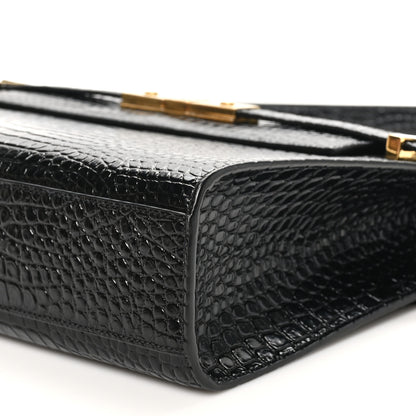 Saint Laurent Shiny Calfskin Crocodile Embossed Manhattan Baguette Black 10 of 10