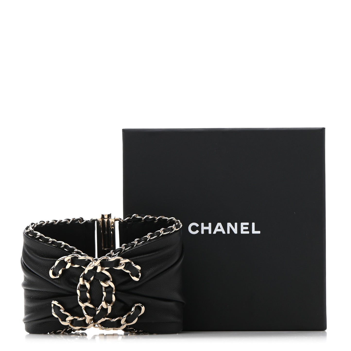 Lambskin Chain CC Cuff Bracelet Black Gold