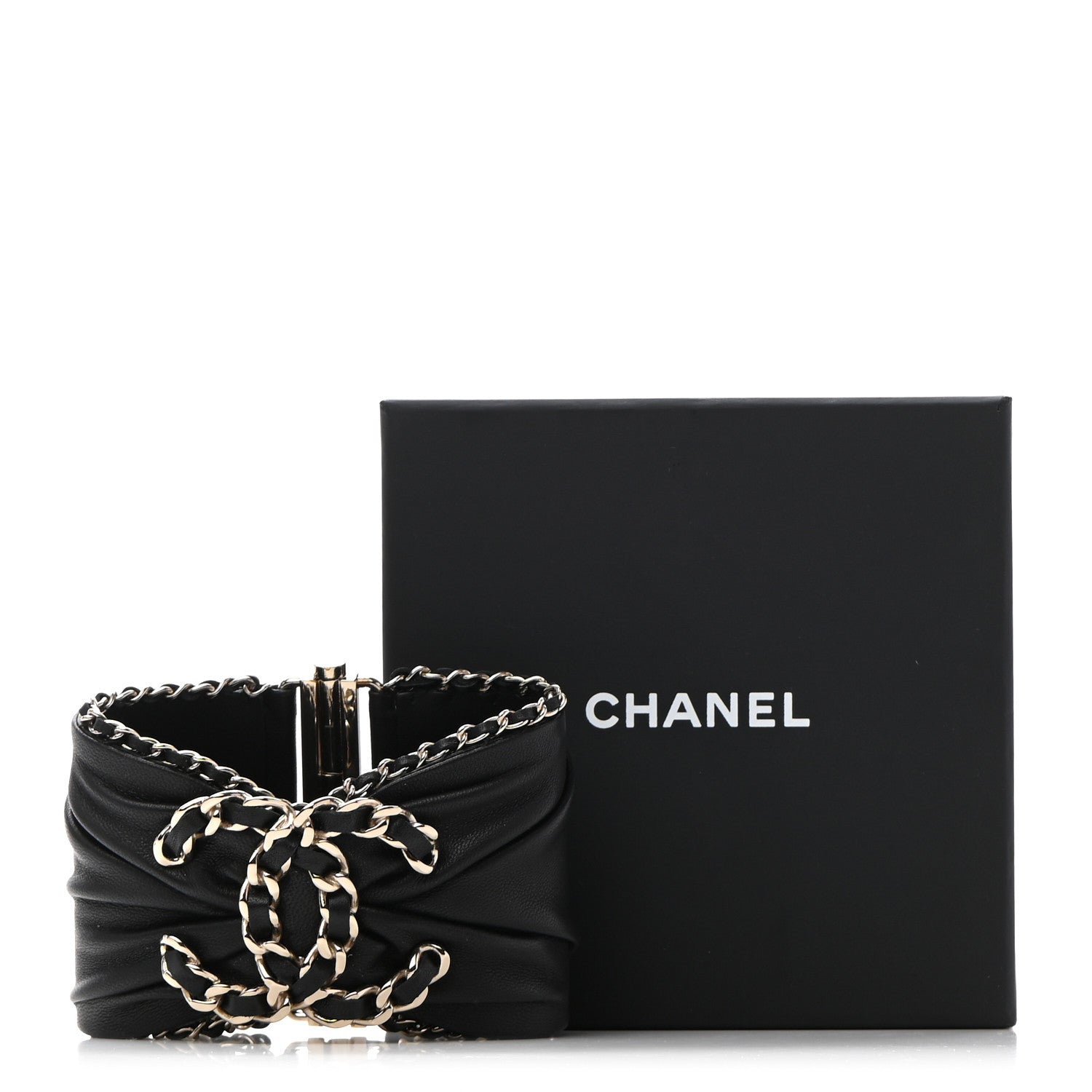 Chanel Lambskin Chain CC Cuff Bracelet Black Gold 9 of 9