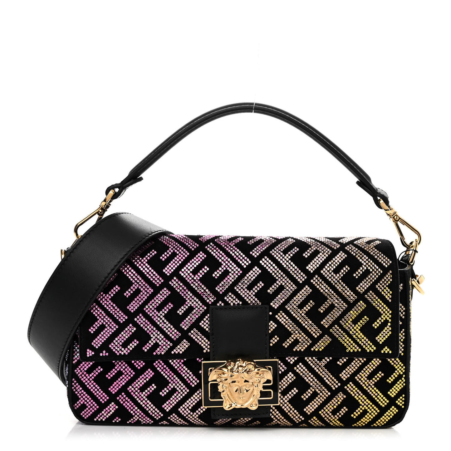 X VERSACE Calfskin Sequin Fendace FF Baguette Black Multicolor