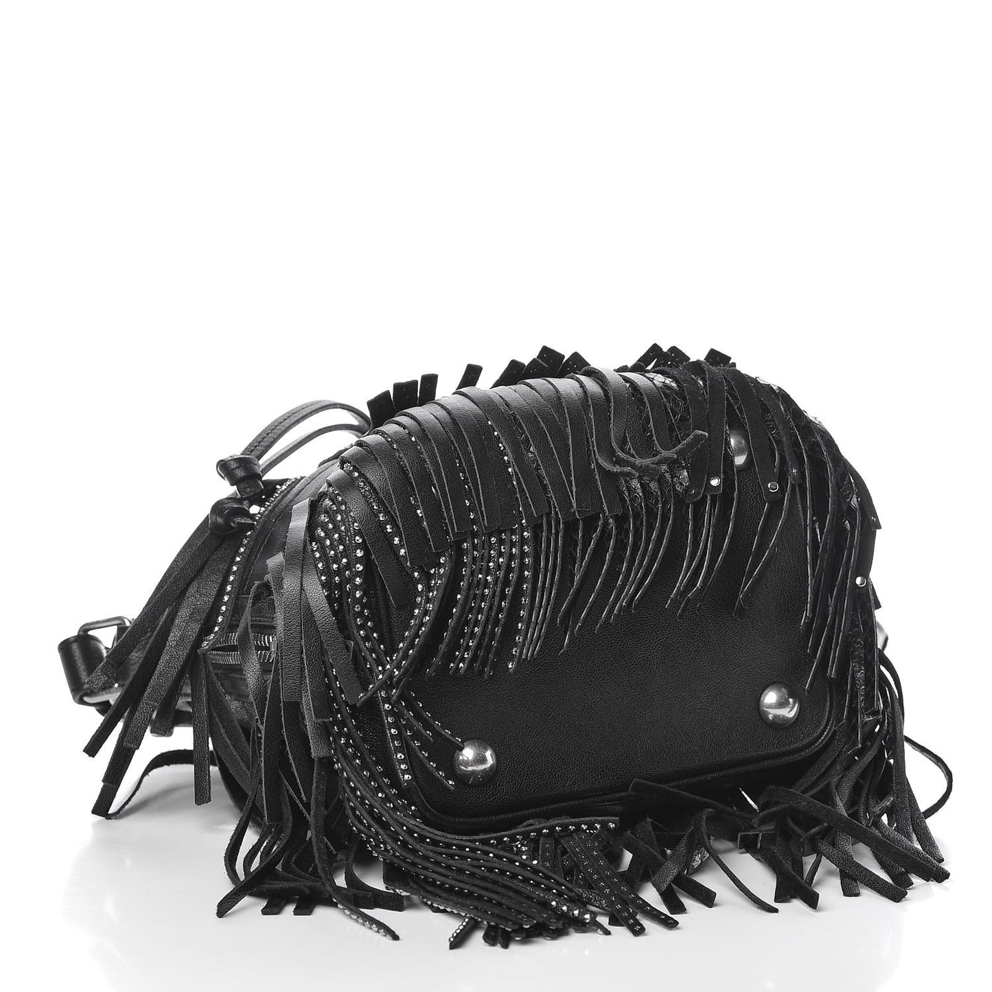 Calfskin Studded Small Emmanuelle Fringe Bucket Bag Black