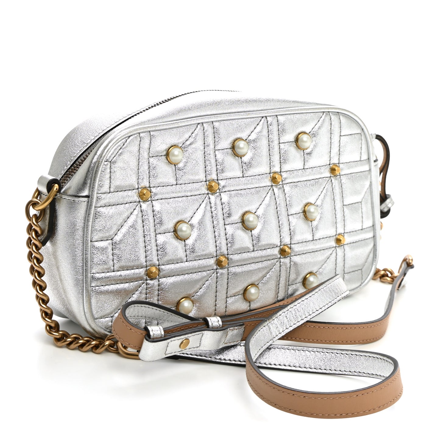 Metallic Calfskin Matelasse Studded Small Pearly GG Marmont Chain Shoulder Bag Silver