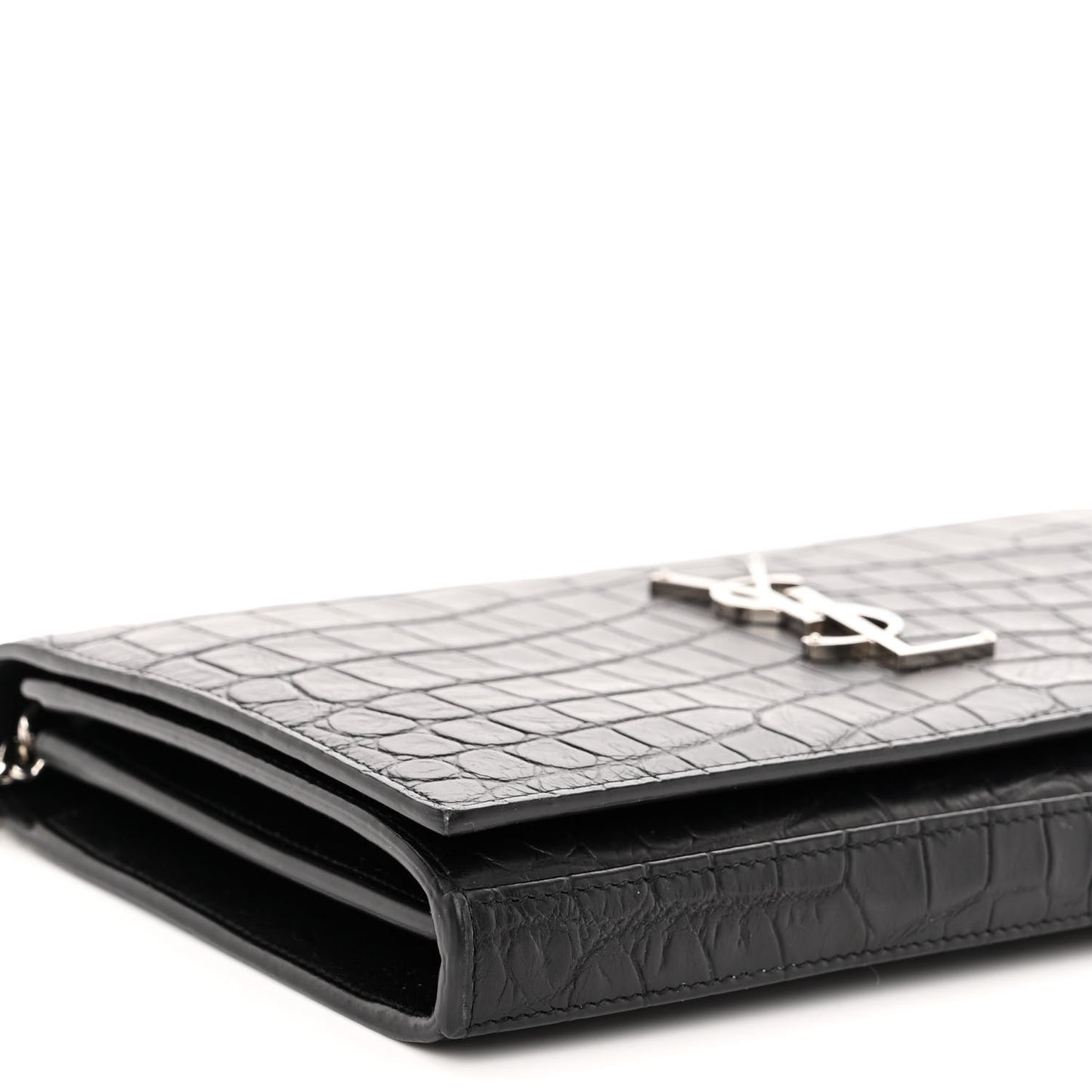 Calfskin Crocodile Embossed Monogram Chain Wallet Black