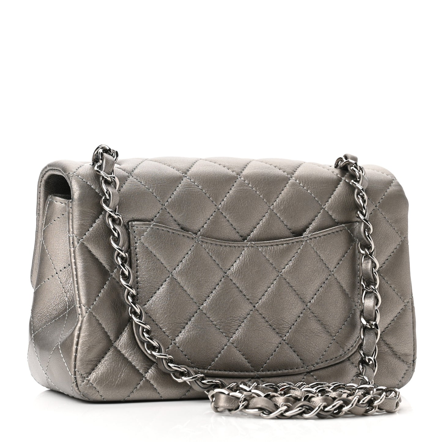 Metallic Calfskin Quilted Mini Rectangular Flap Ruthenium