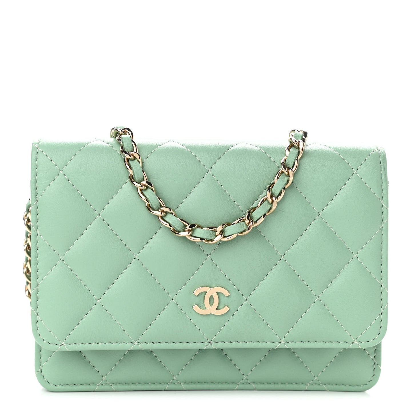 Lambskin Quilted Mini Wallet On Chain WOC Light Green