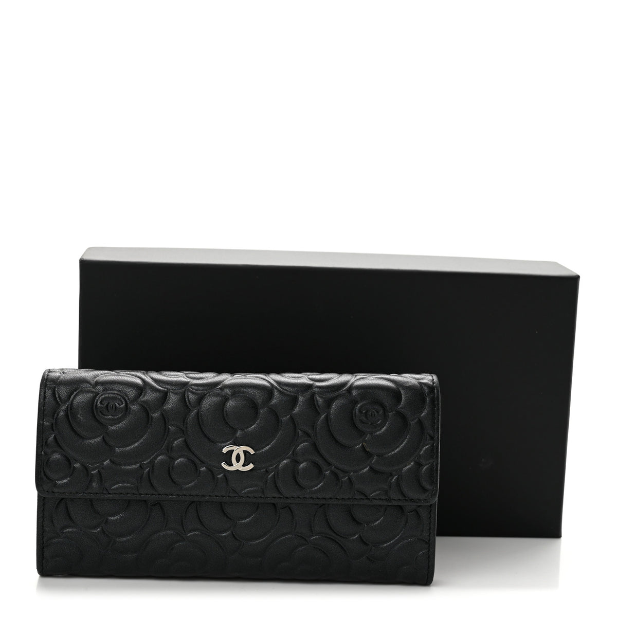 Lambskin Embossed Camellia Large Gusset Flap Wallet Black