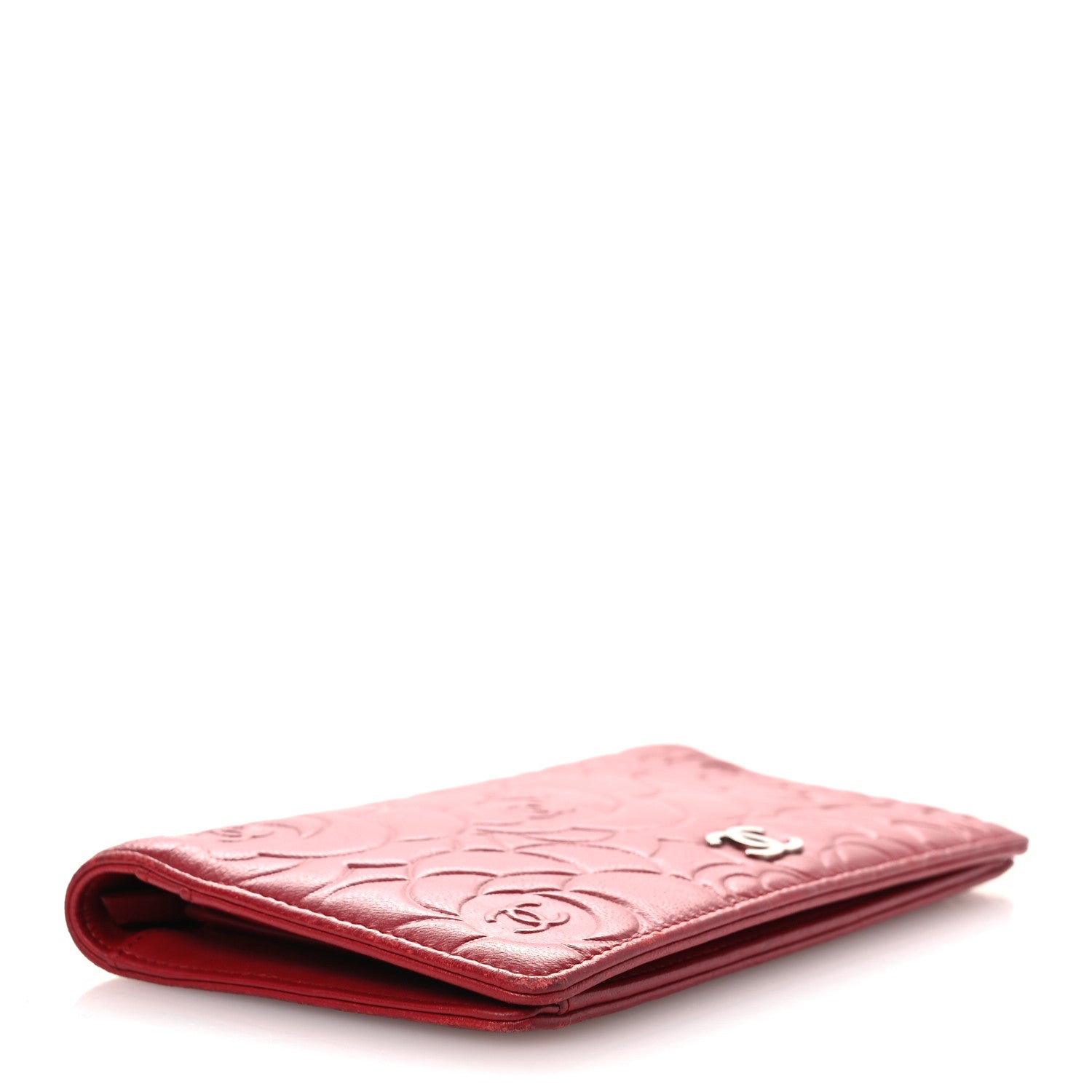 Chanel Lambskin Camellia Embossed Yen Wallet Dark Red 4 of 9