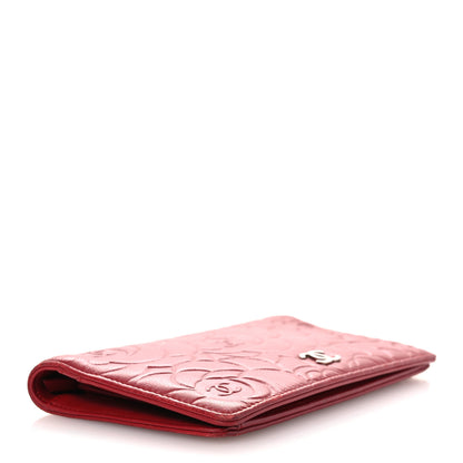 Chanel Lambskin Camellia Embossed Yen Wallet Dark Red 4 of 9